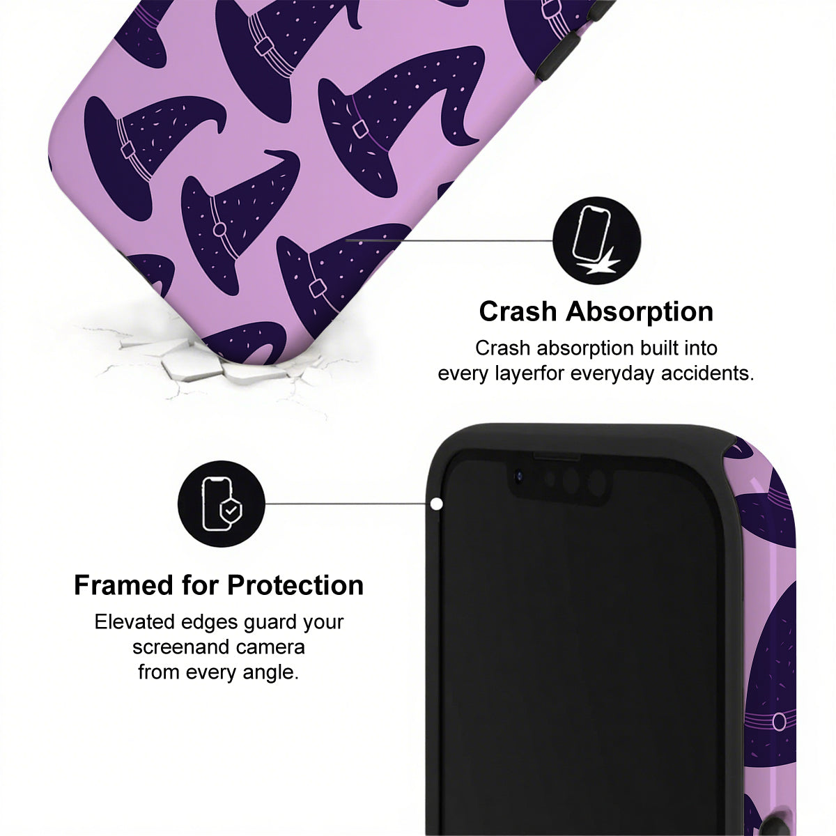 Phone case with purple witch hats design and text about crash absorption and protection.