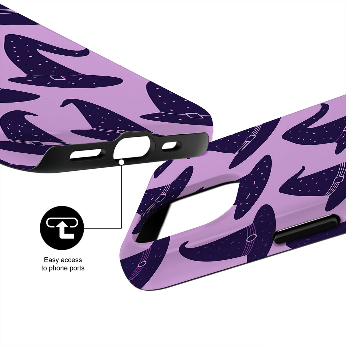 Purple phone case with witch hat pattern and text indicating easy access to phone ports.