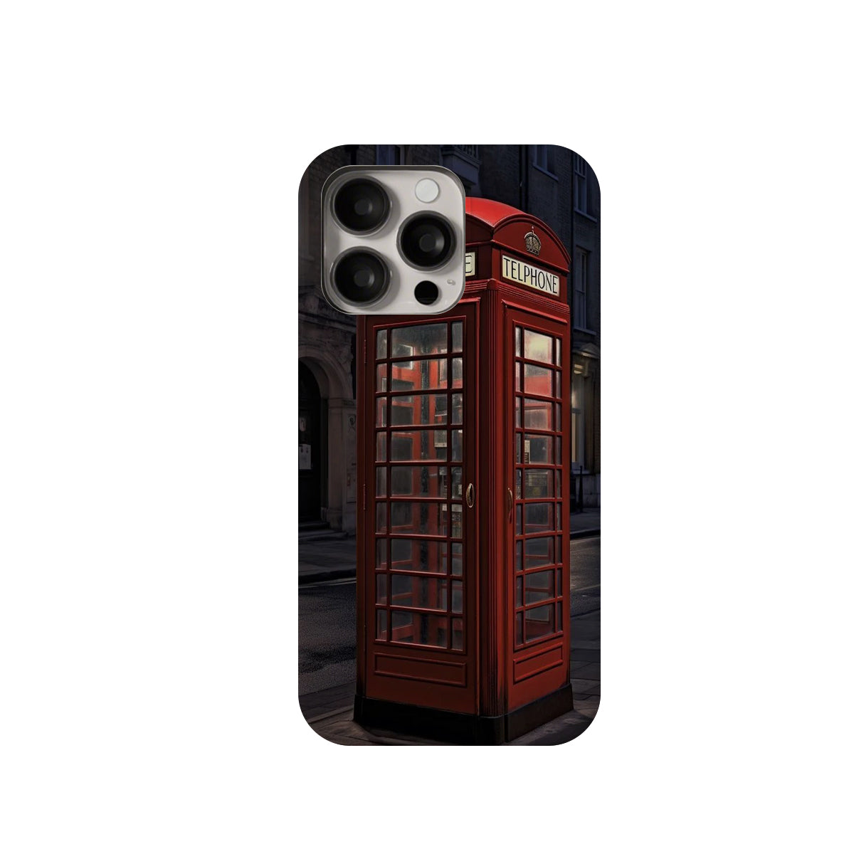 Phone case with a red telephone booth design on a white background