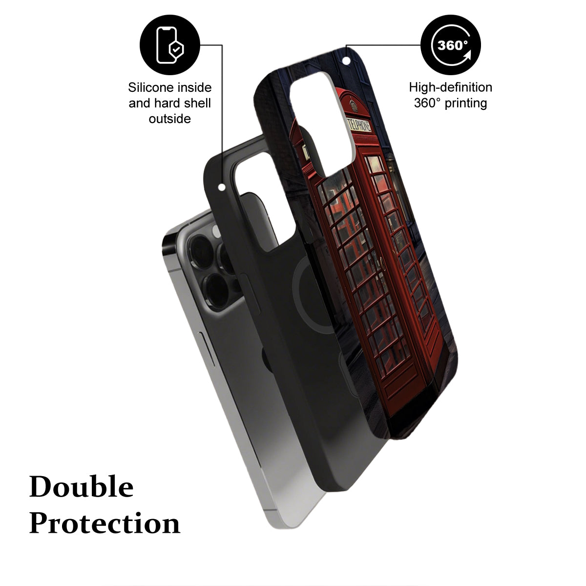 Phone case with red phone booth design and text highlighting features on a white background