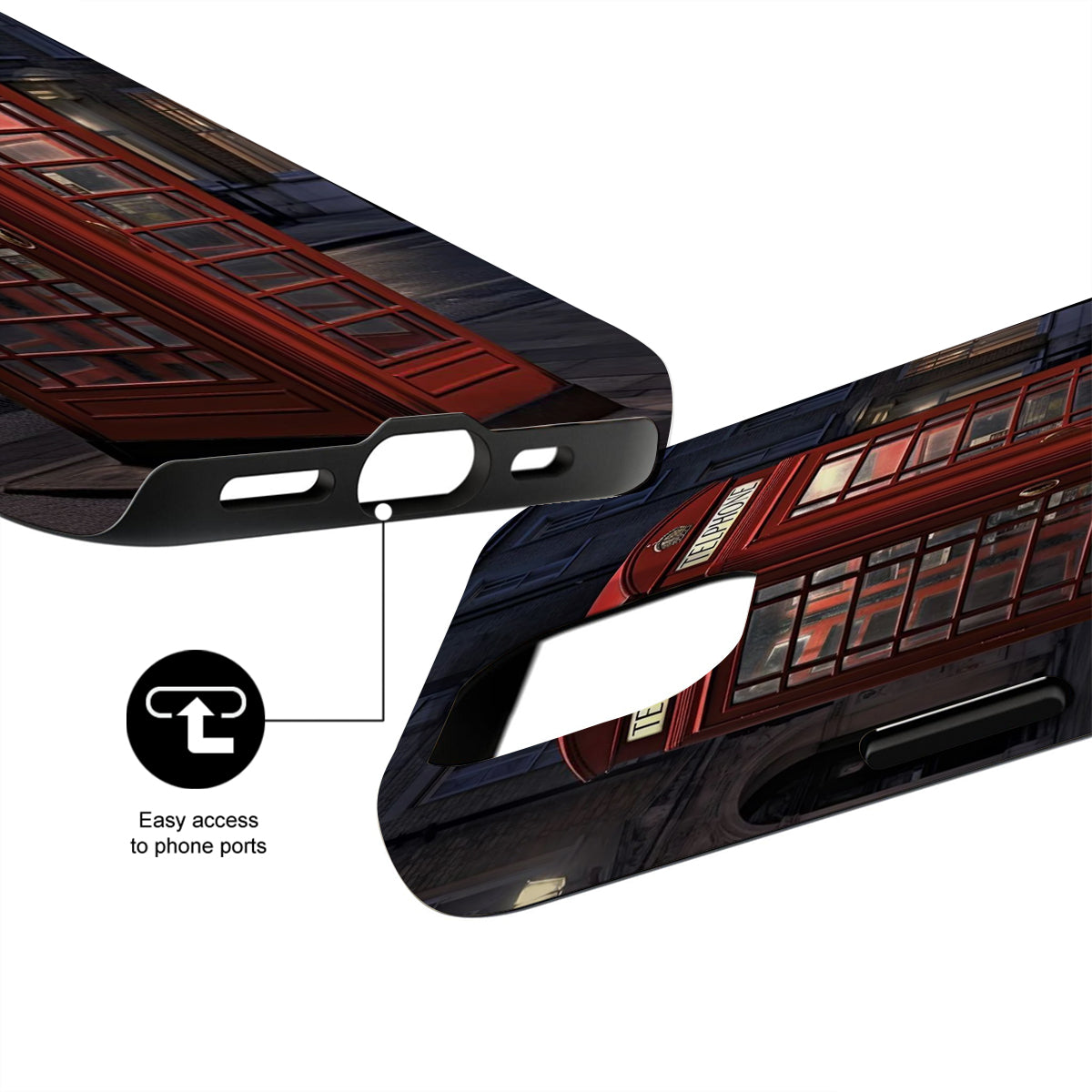 Phone case with a design of a red double-decker bus, showing ease of access to phone ports.