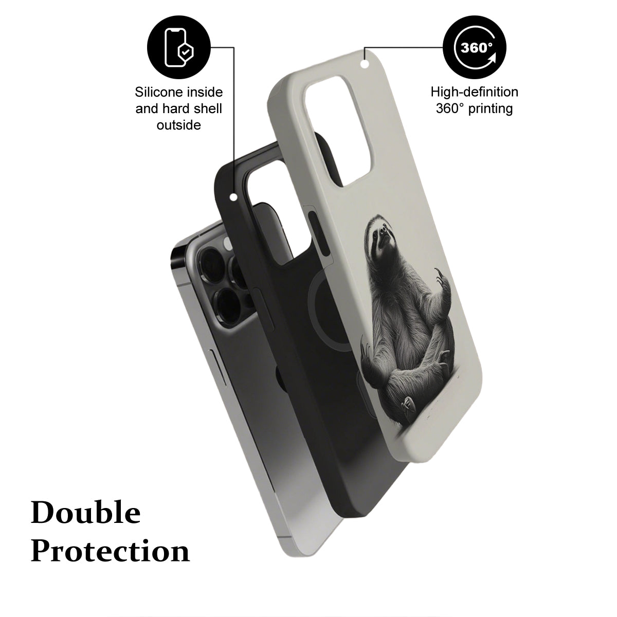 Phone case with silicone interior and hard shell exterior, featuring a sloth illustration.