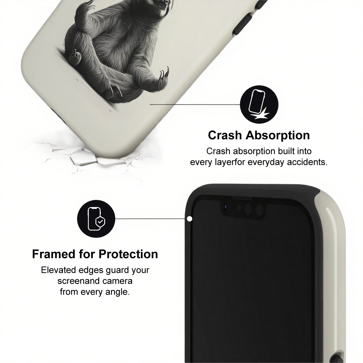 Phone case with crash absorption and protection features on a white background
