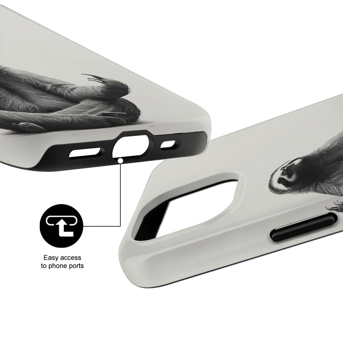Phone case with animal design and text indicating easy access to phone ports