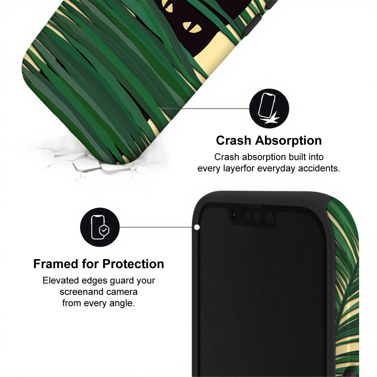 Phone case with green leaf pattern and text highlighting crash absorption and protection features.