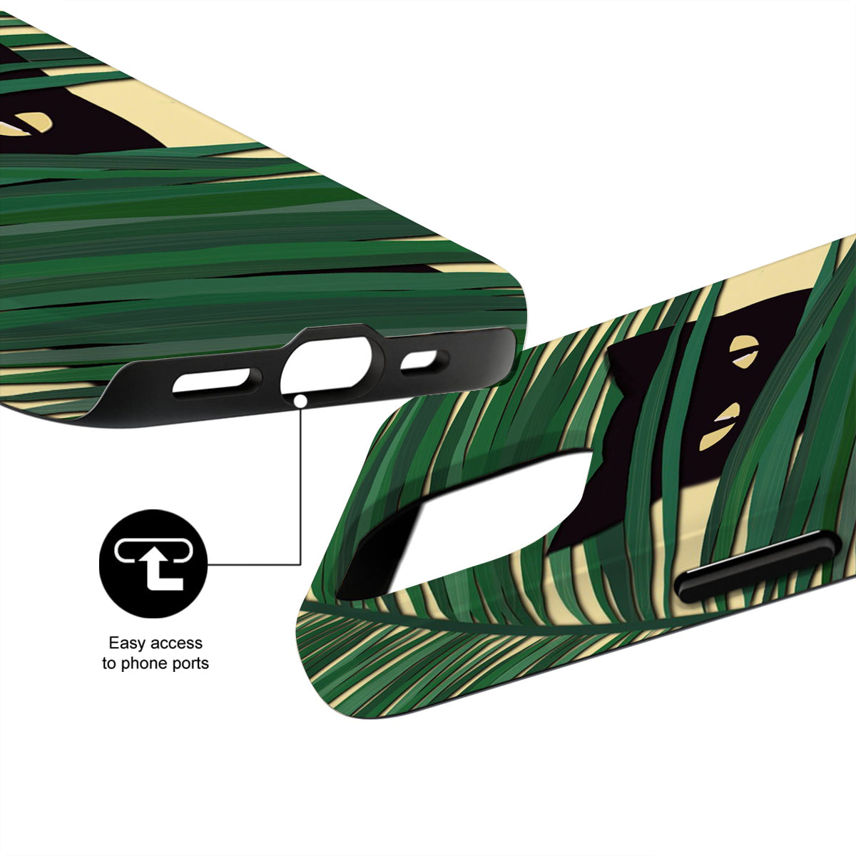 Phone case with green leaf pattern and text 'Easy access to phone ports' on a white background