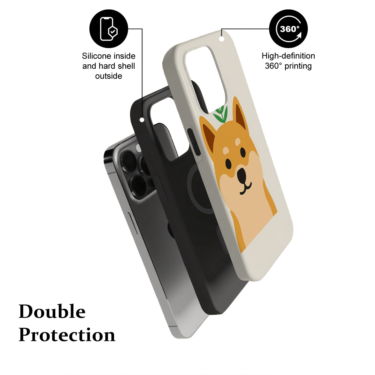 Phone case with dog illustration, highlighting features on a white background