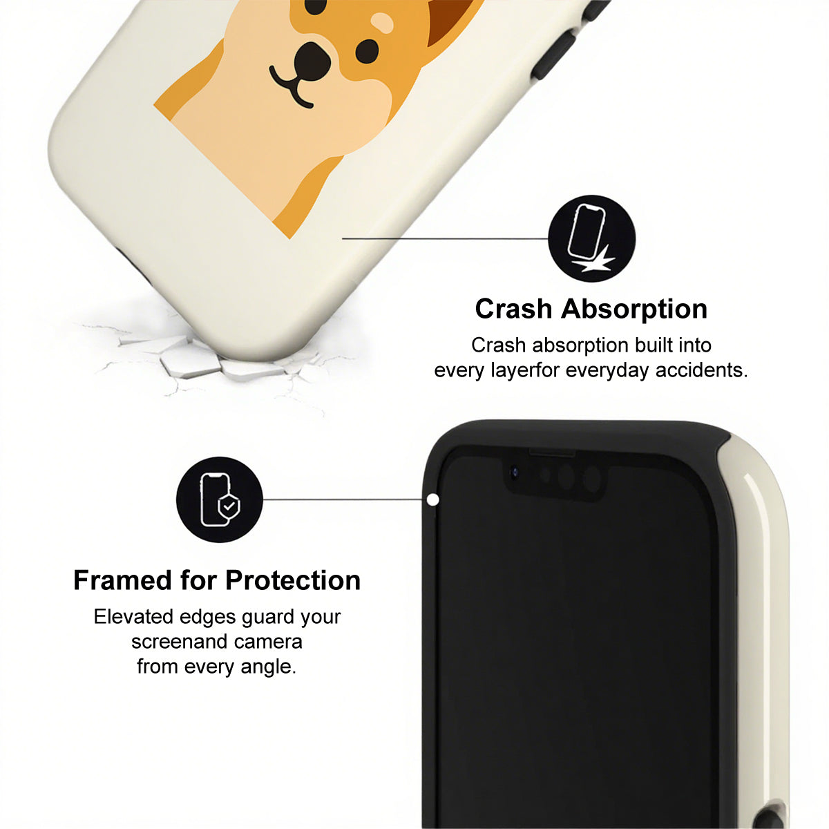 Phone case with dog illustration and text on crash absorption and protection features.