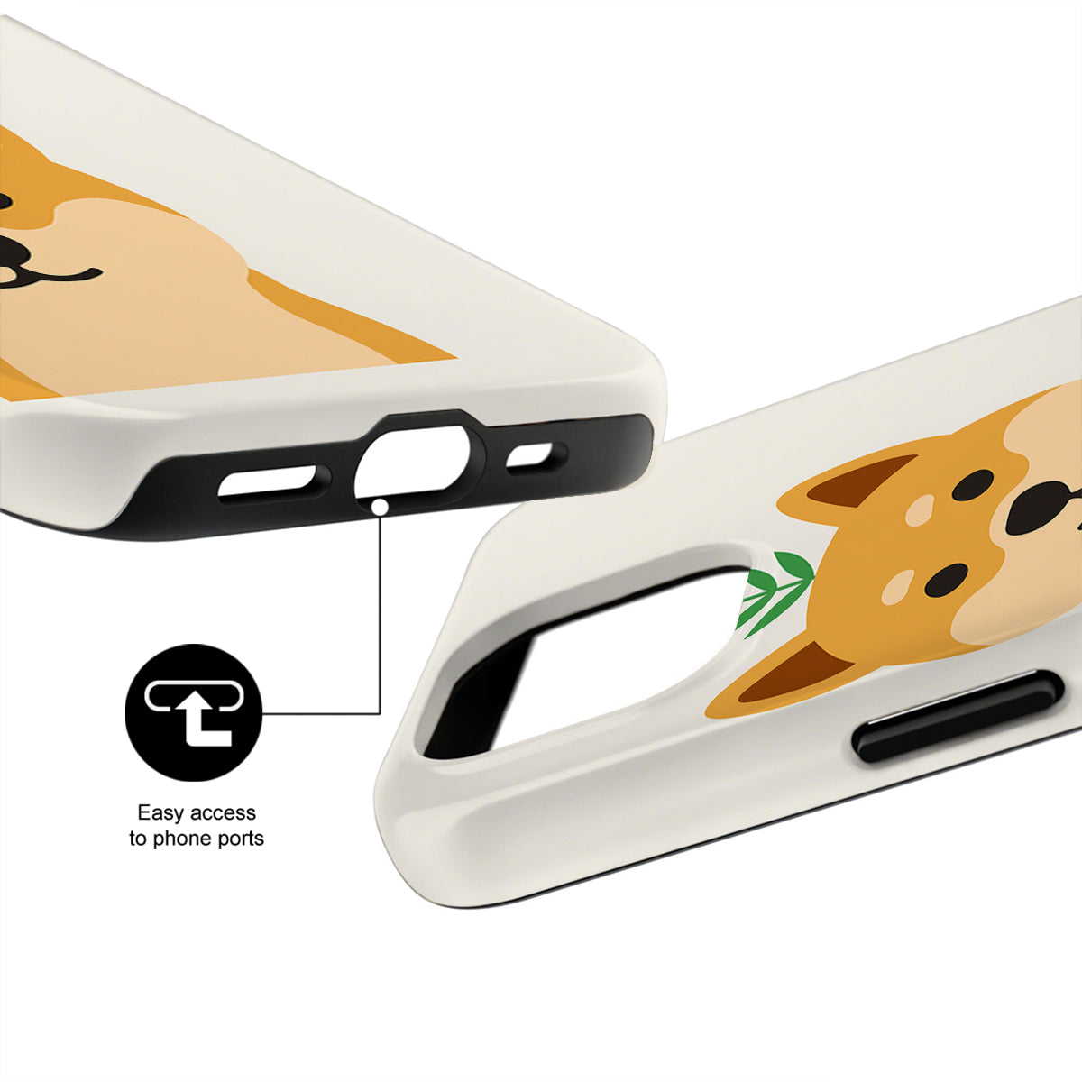 Phone case with a dog design and text indicating easy access to phone ports on a white background