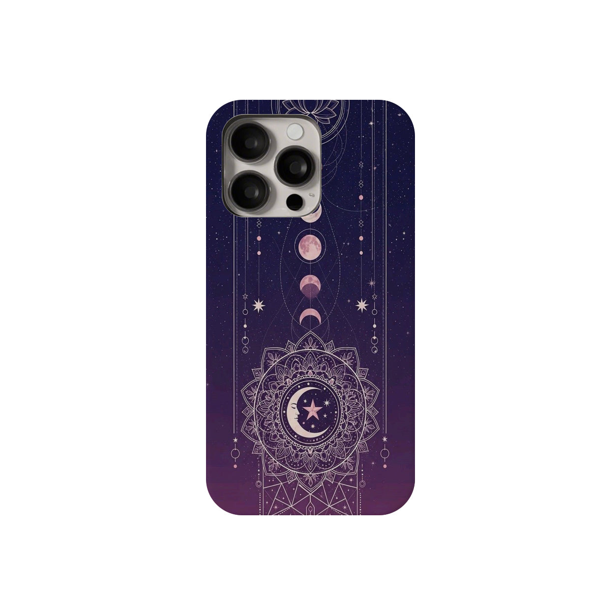 Phone case with celestial design on a purple gradient background