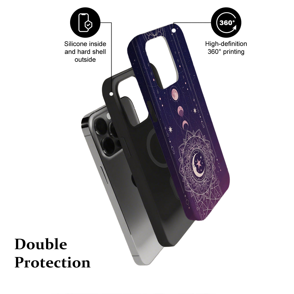 Phone case with purple design and text highlighting features on a white background