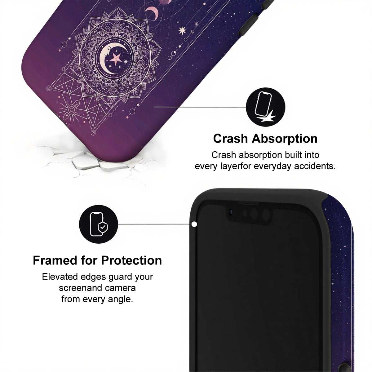 Phone case with purple design and text highlighting crash absorption and protection features.