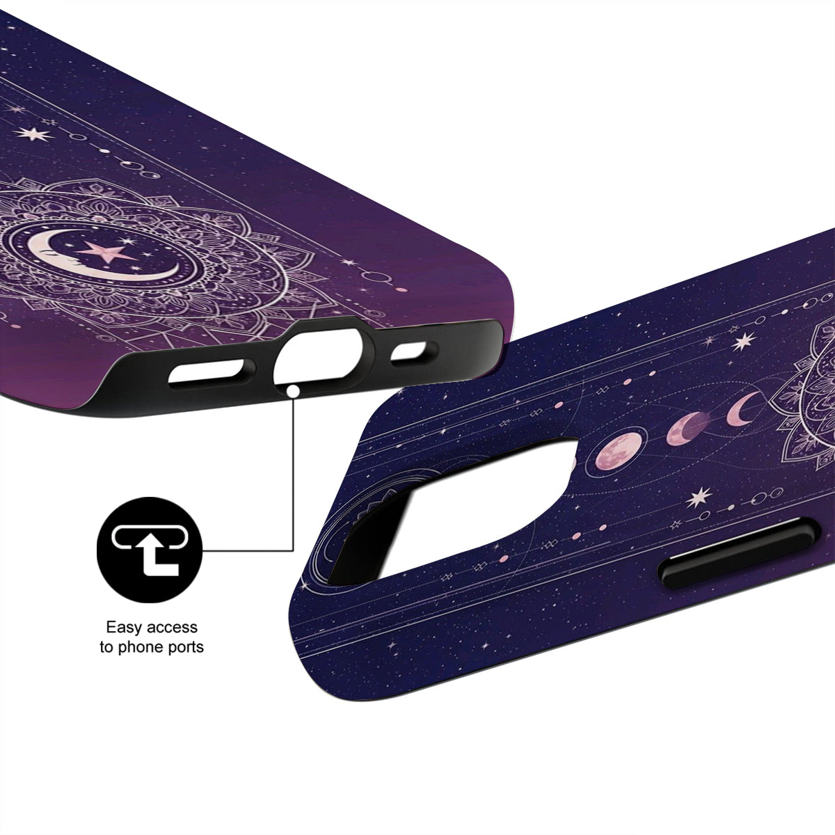 Purple phone case with celestial design and easy access to phone ports feature