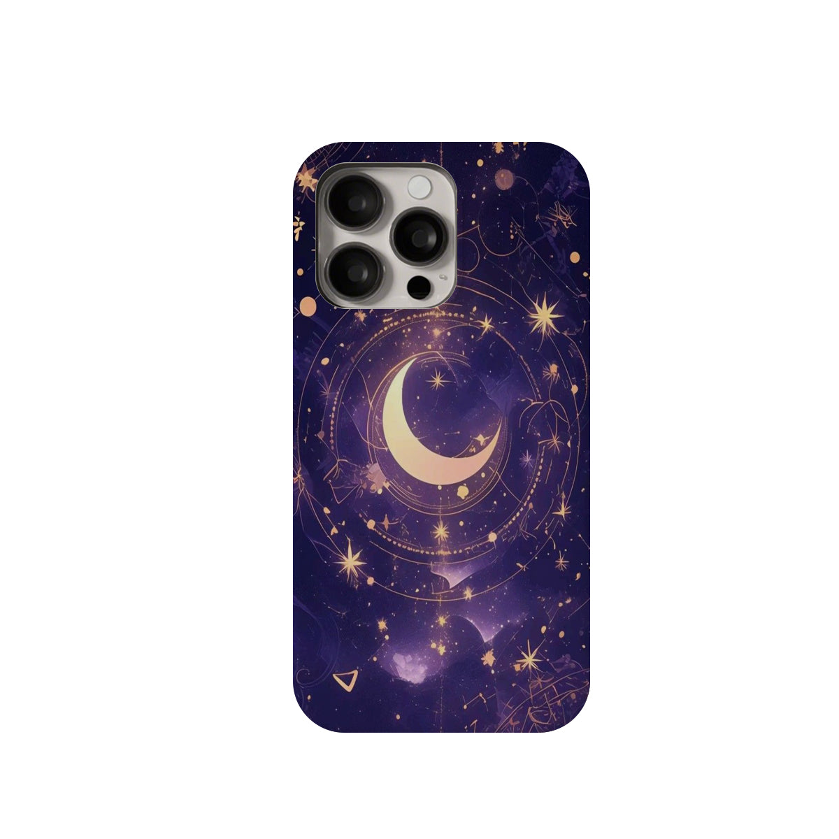 Phone case with celestial design featuring a moon and stars on a purple background
