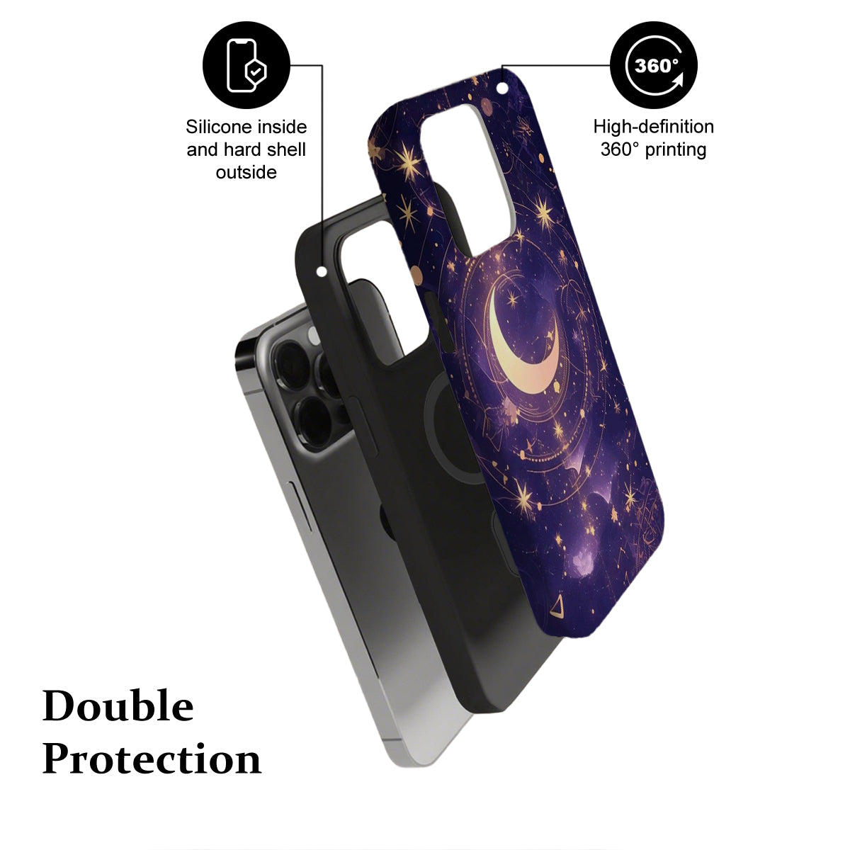 Phone case with starry night design and text highlighting features on a white background