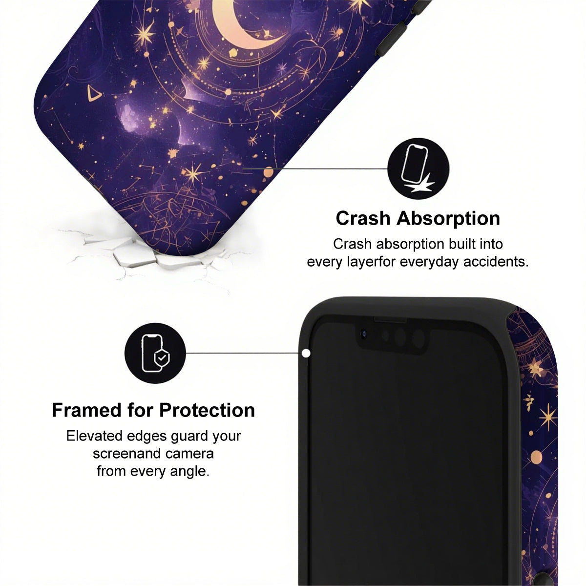 Phone case with starry night design and text highlighting crash absorption and protection features.