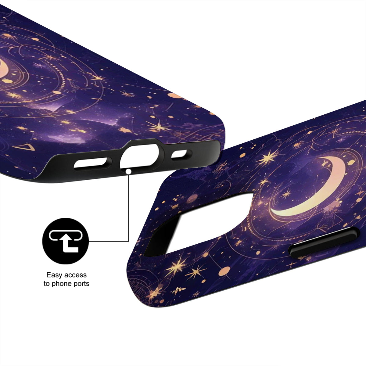 Phone case with celestial design and ease of access to phone ports feature