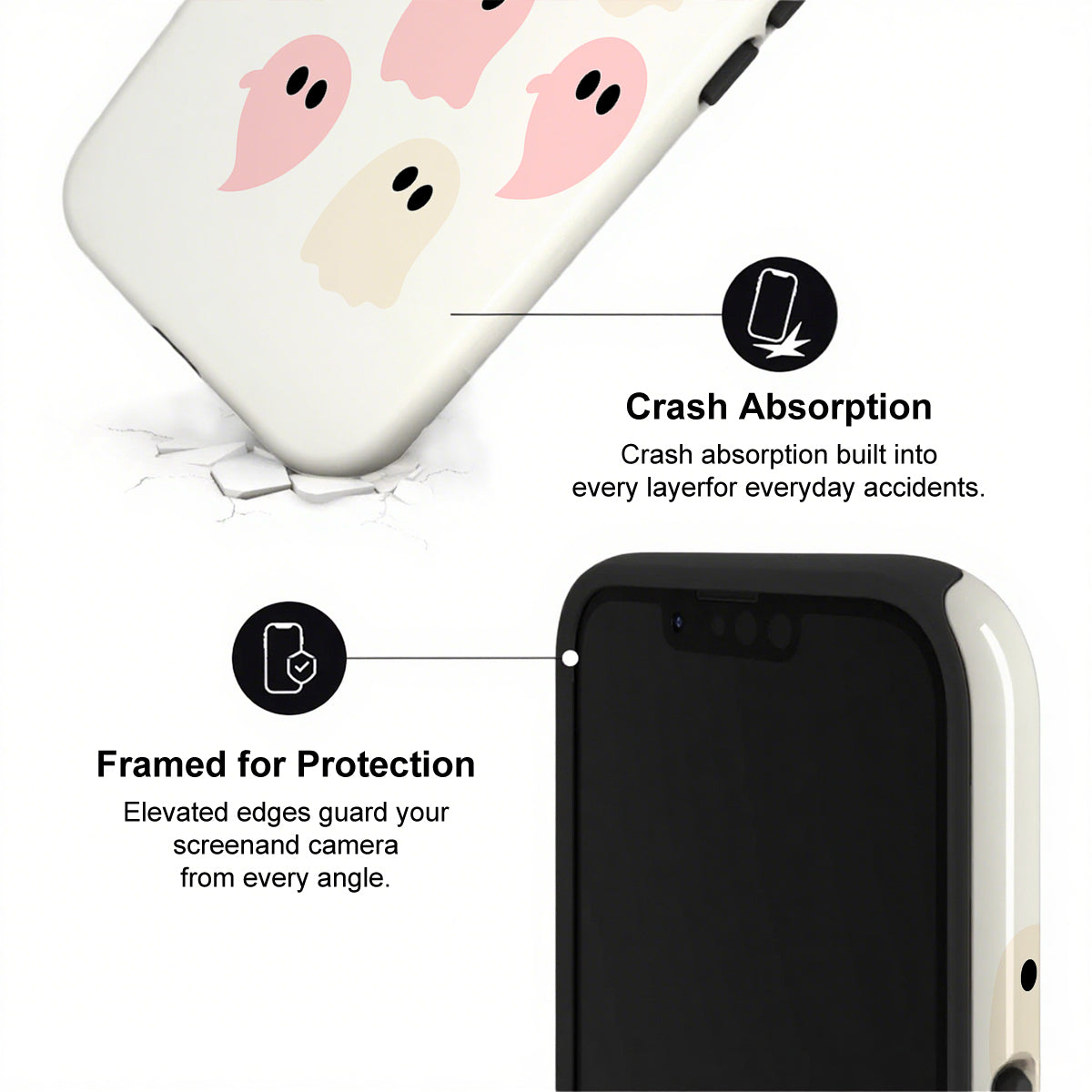 Phone case with ghost design and text about crash absorption and protection.