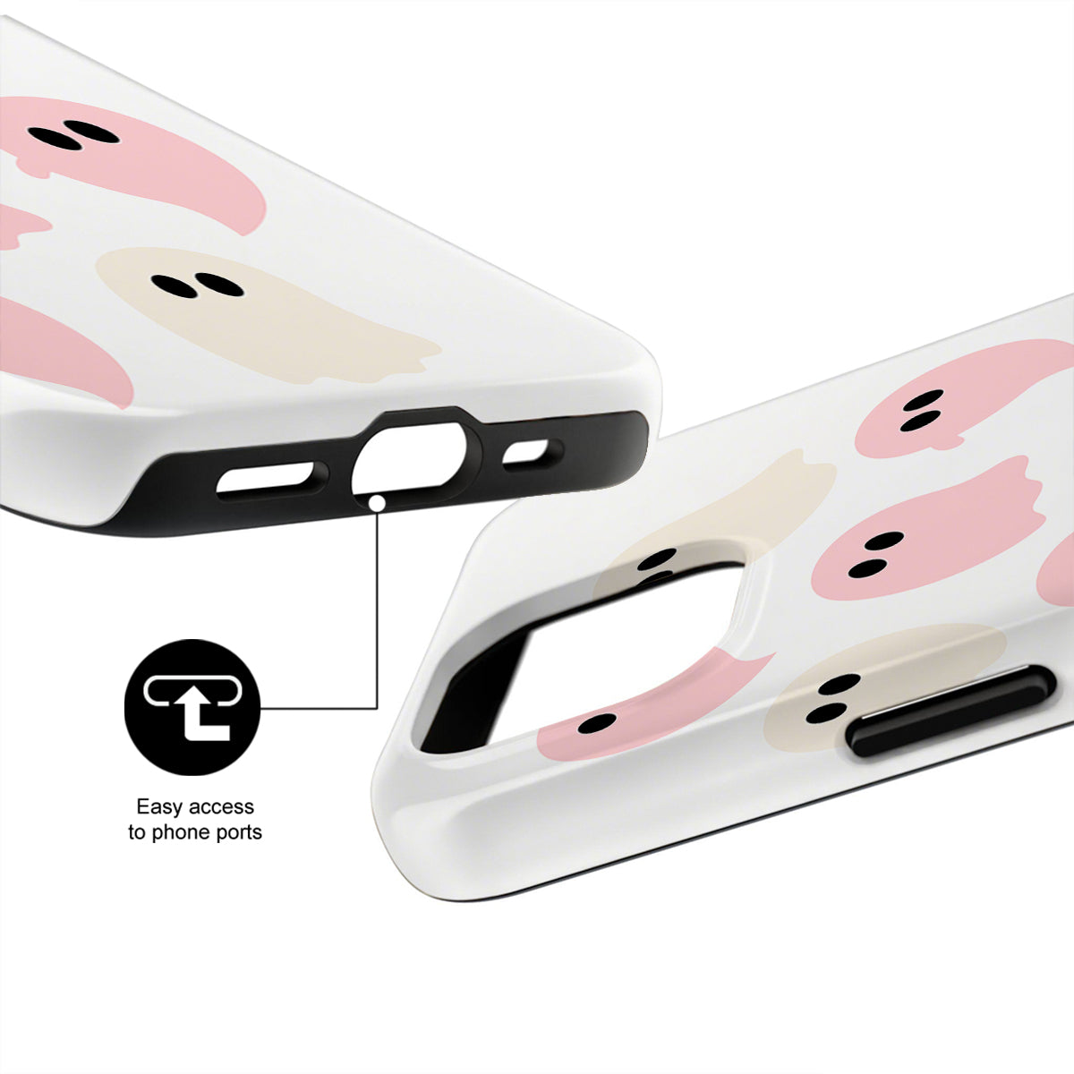 Phone case with flamingo design and text indicating easy access to phone ports on a white background