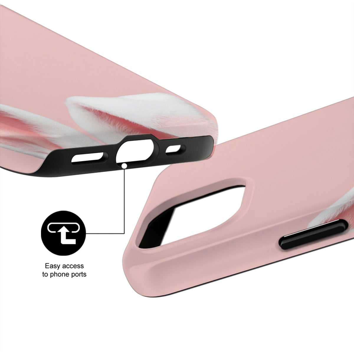 Pink phone case with clear back showing easy access to phone ports on a white background