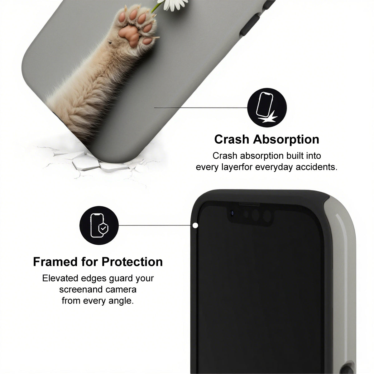 Phone case with cat paw design and text about crash absorption and protection.