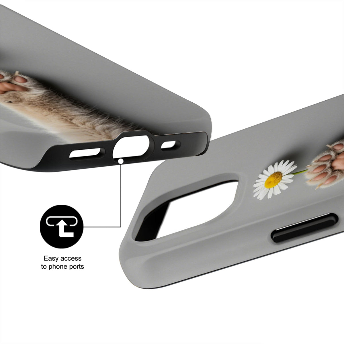 Phone case with floral design and text 'Easy access to phone ports' on a white background