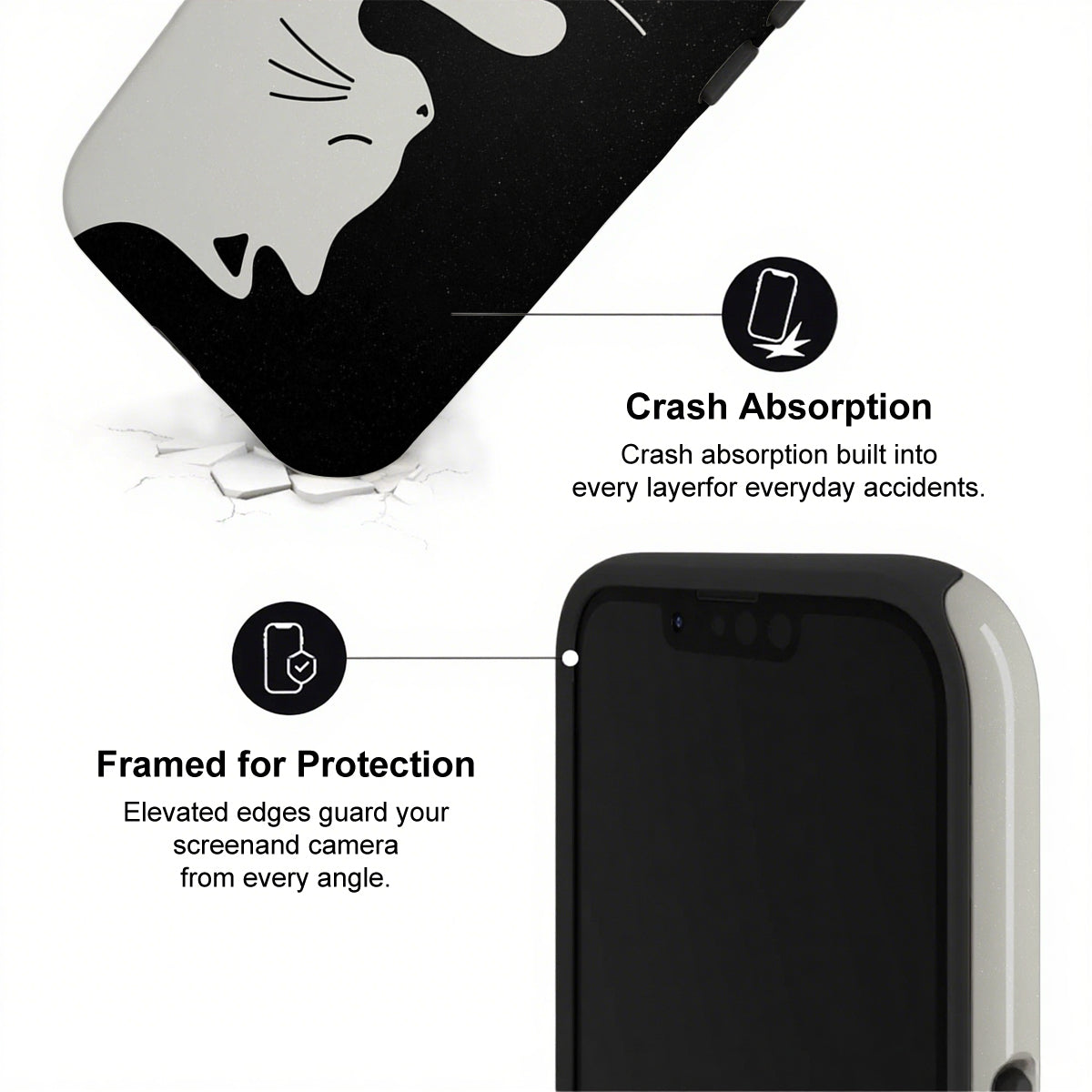 Phone case with crash absorption and protection features on a white background