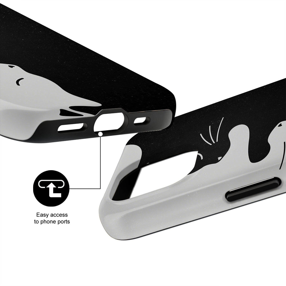 Phone case with design and text indicating easy access to phone ports on a white background