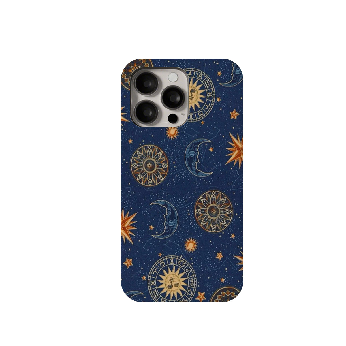 Phone case with celestial design featuring stars, moons, and suns on a blue background