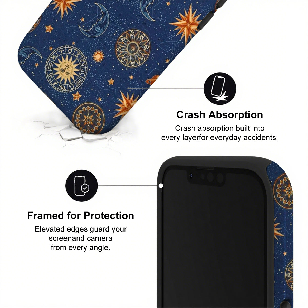 Phone case with celestial design and text highlighting crash absorption and protection features.