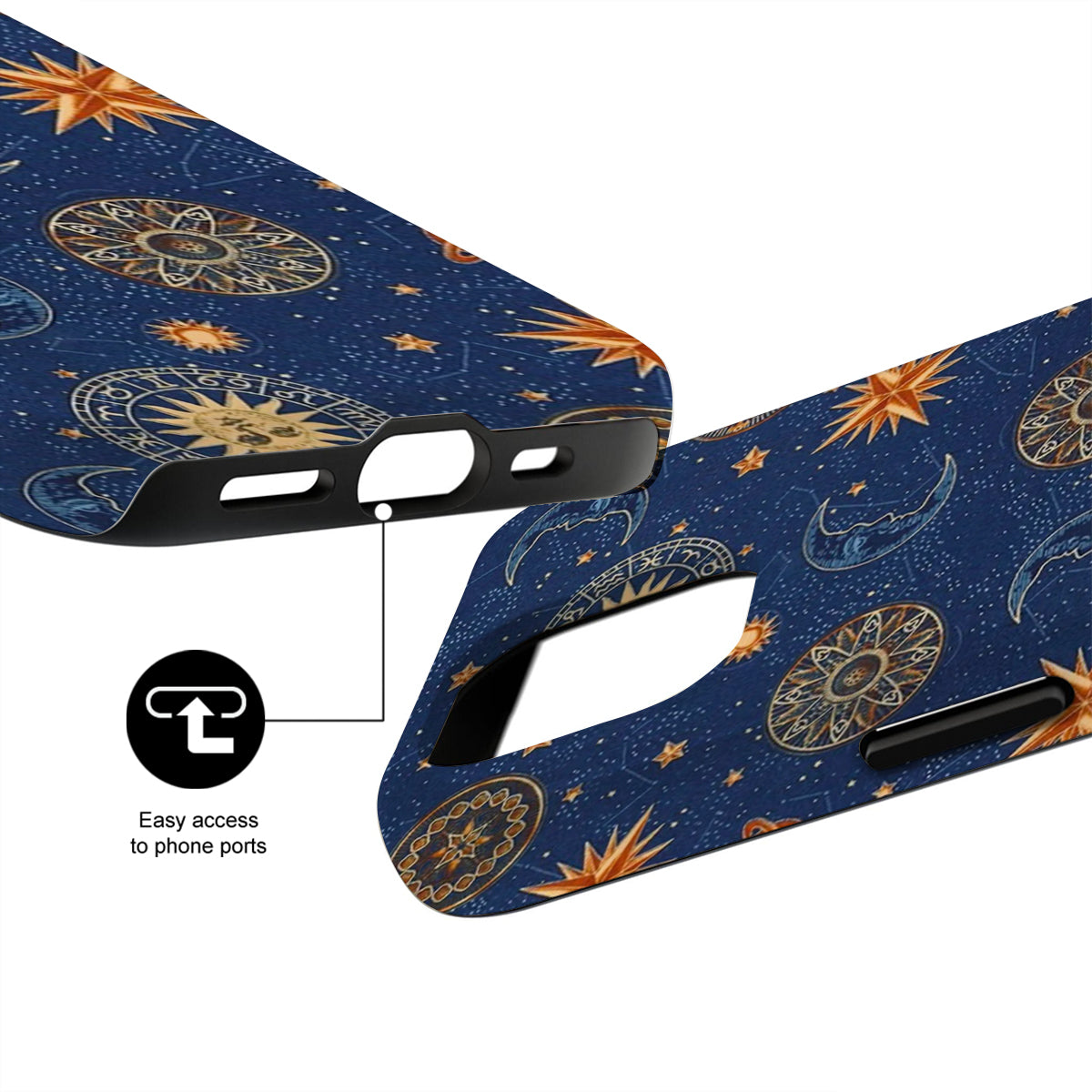 Blue phone case with celestial design and easy access to phone ports feature