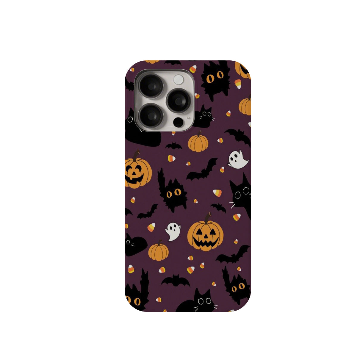 Phone case with Halloween-themed design on a purple background
