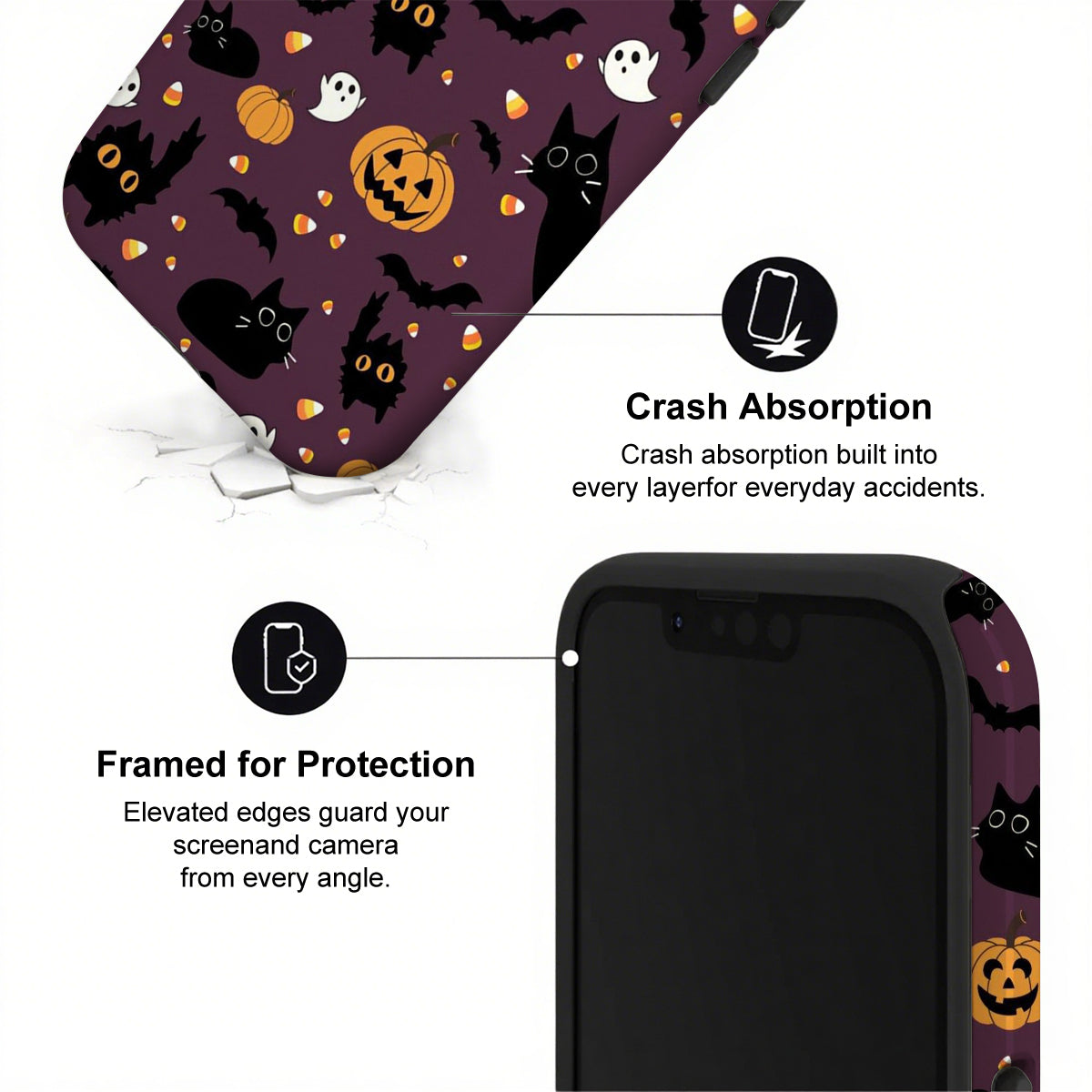 Phone case with Halloween design featuring cats, pumpkins, and ghosts, showing crash absorption and framed protection features.