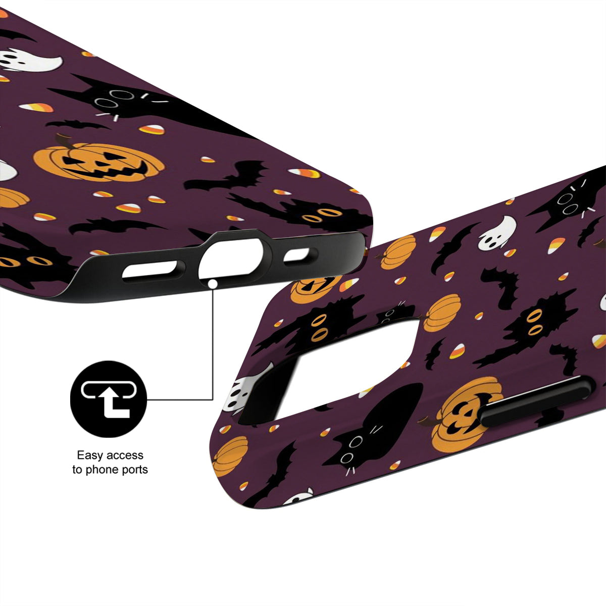 Halloween-themed phone case with pumpkins, cats, and ghosts on a purple background.