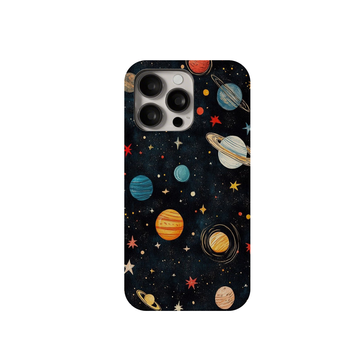 Phone case with solar system design on a white background