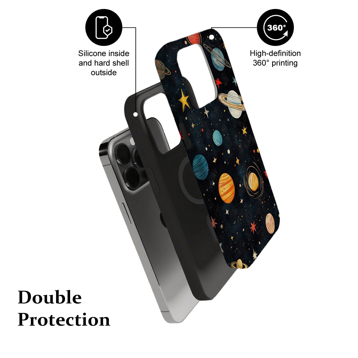 Phone case with solar system design and text highlighting features on a white background