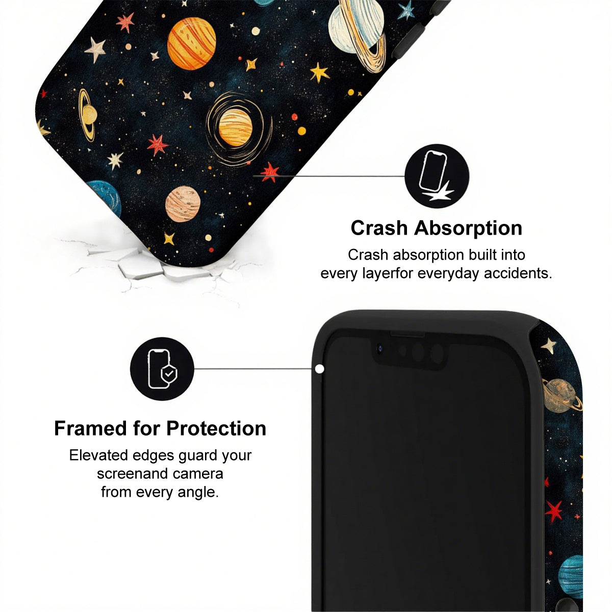 Phone case with space-themed design and text highlighting crash absorption and protection.