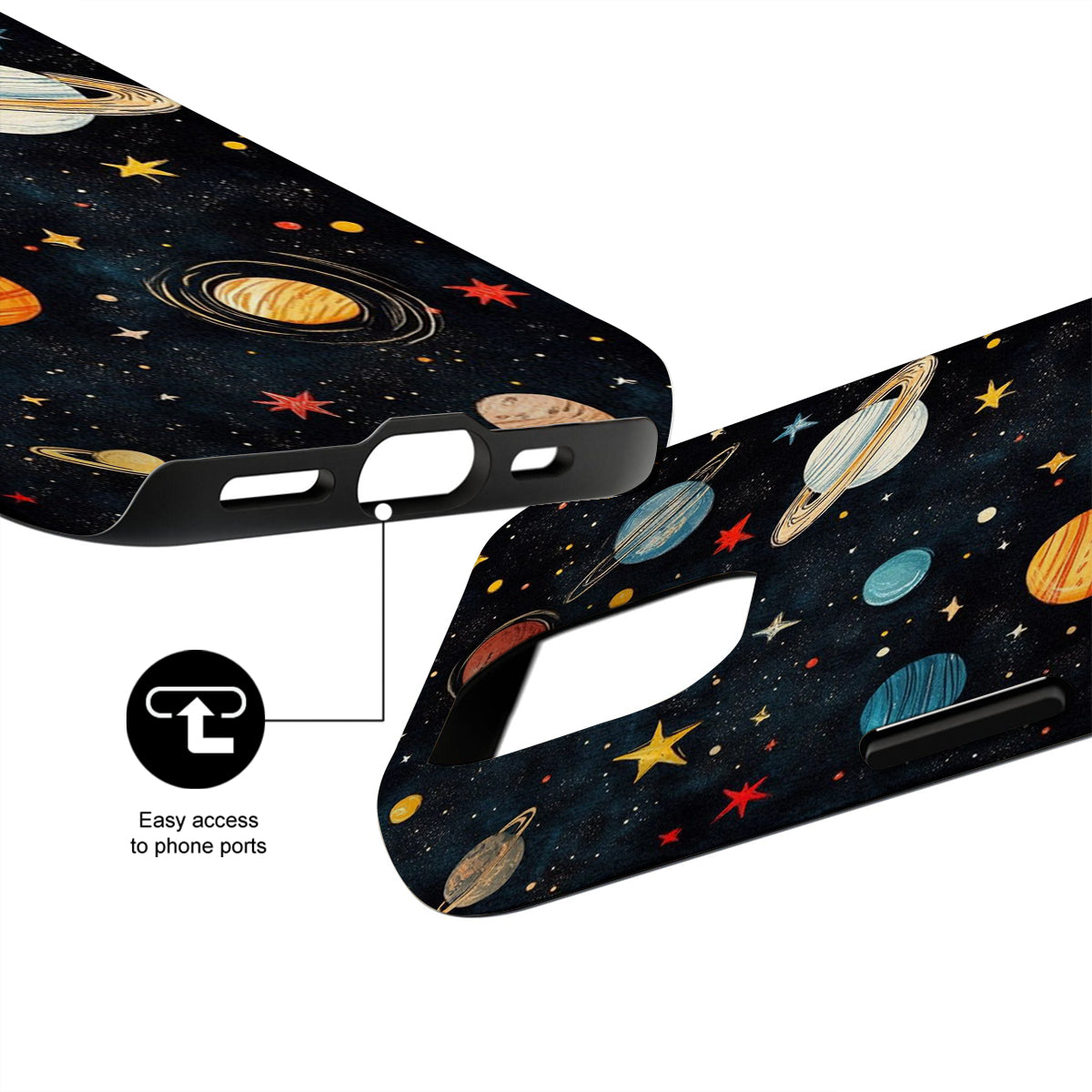 Phone case with space-themed design featuring planets and stars, showing ease of access to phone ports.