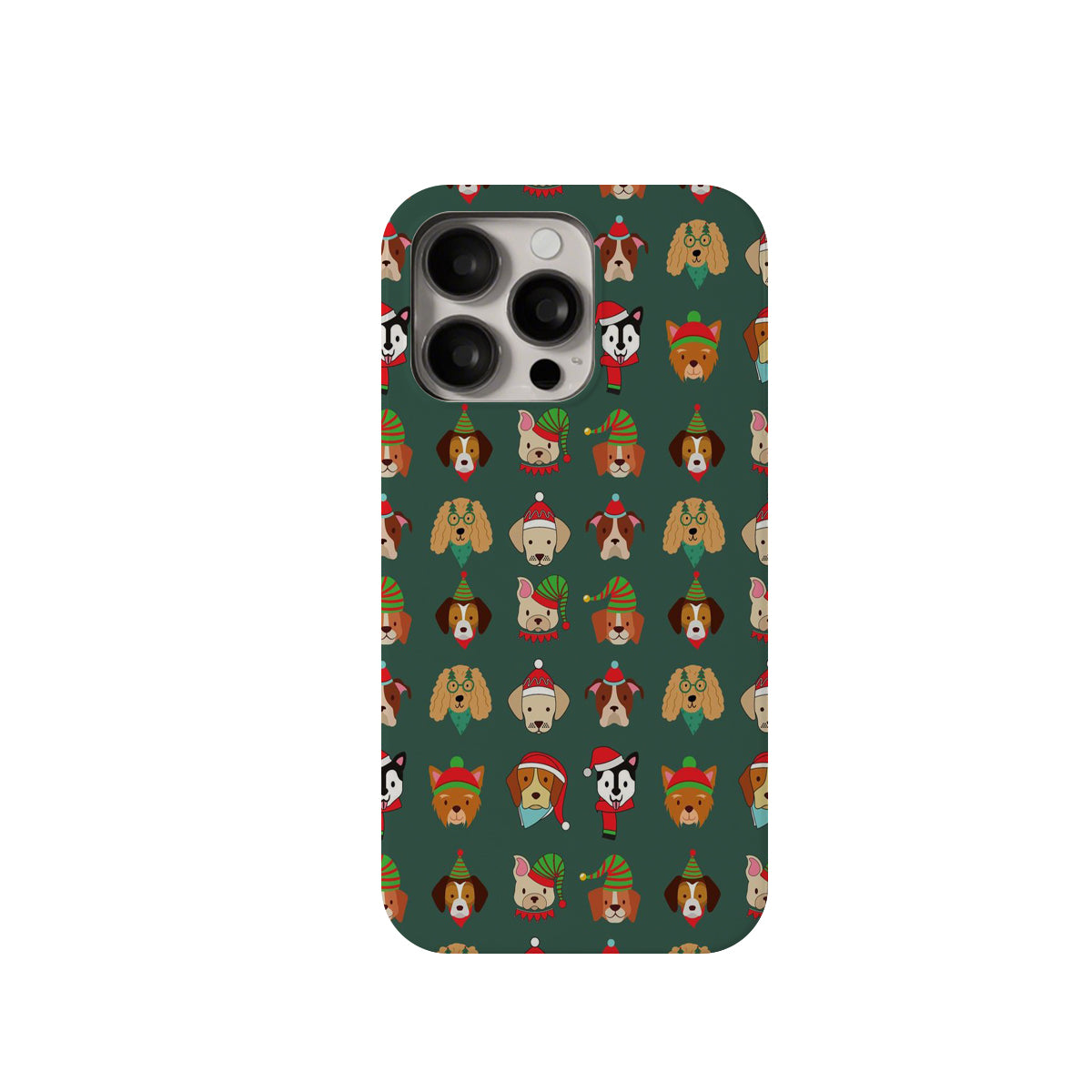 Phone case with festive dog illustrations on a green background