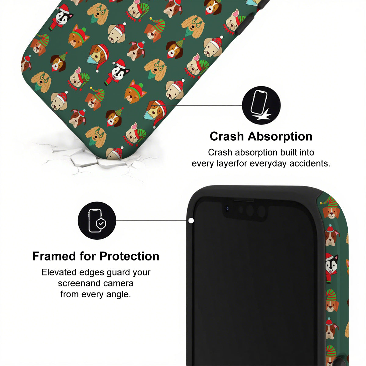 Phone case with cartoon dog pattern and text about crash absorption and protection.