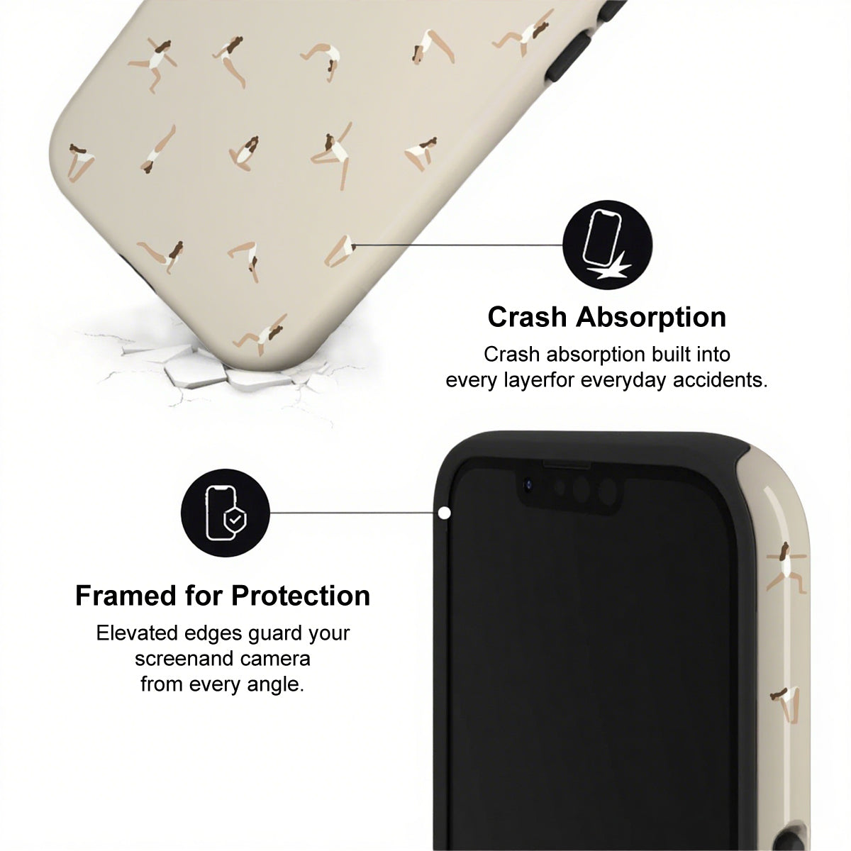 Phone case with crash absorption and protection features on a white background