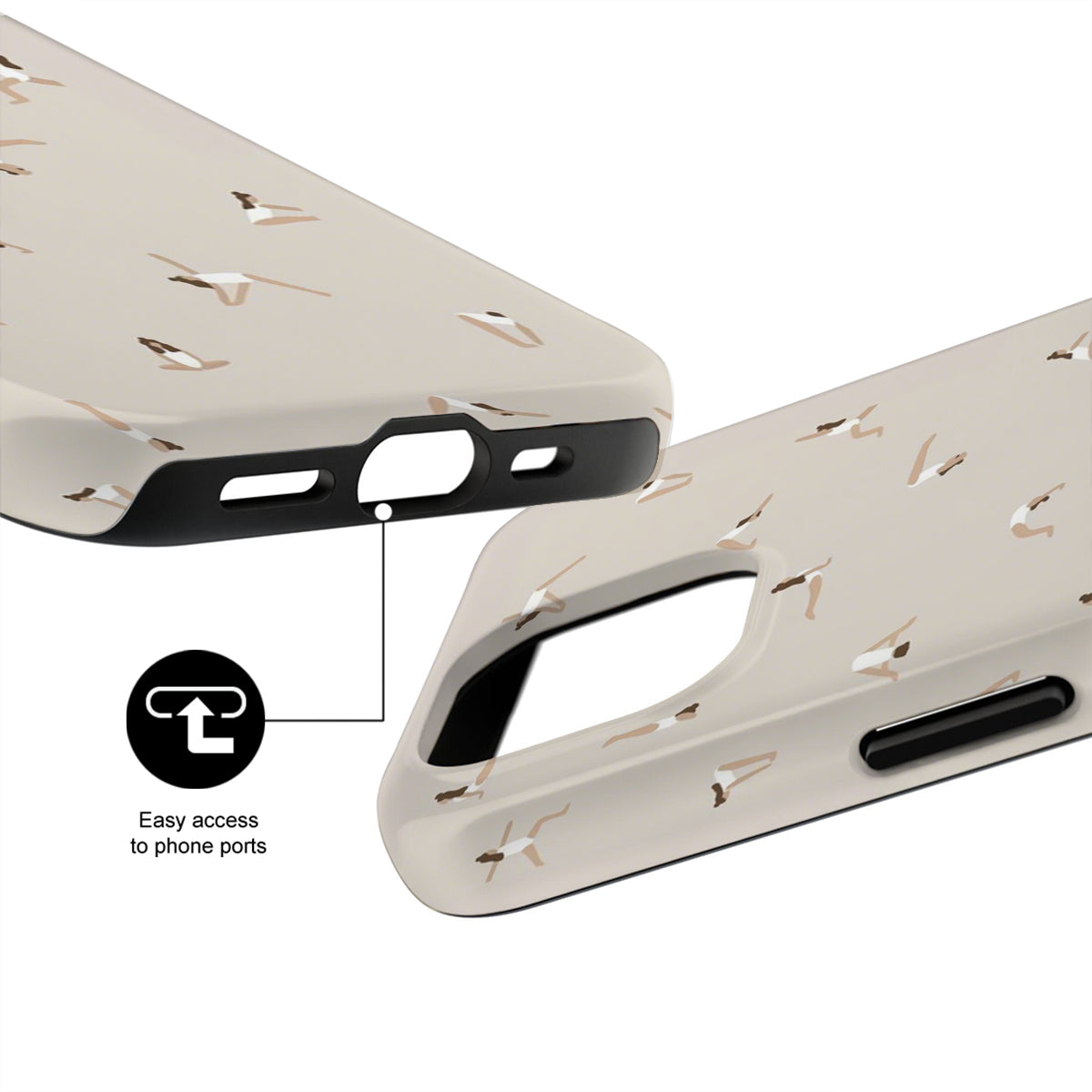 Phone case with cut-out design for easy access to phone ports on a white background