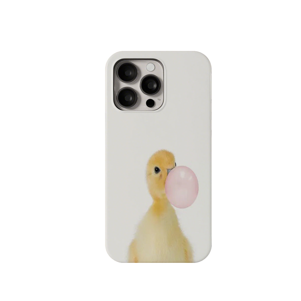 Phone case with a duck blowing a bubble gum bubble design on a white background