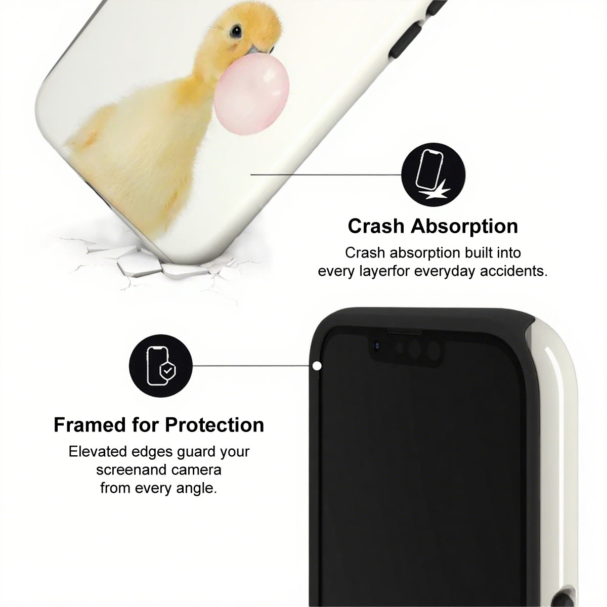 Phone case with duck design and text on crash absorption and protection features.