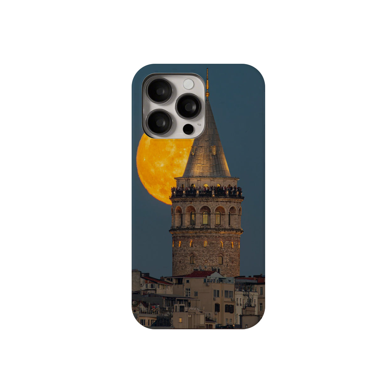 Phone case with a tower and moon design on a dark blue background