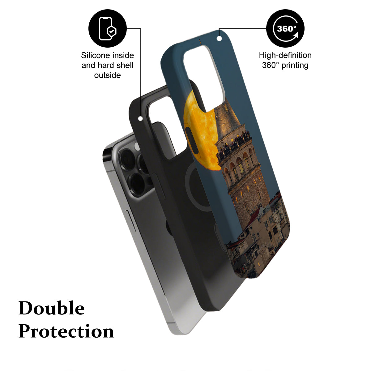 Phone case with a design of a tower and moon, featuring text on protection and printing quality.