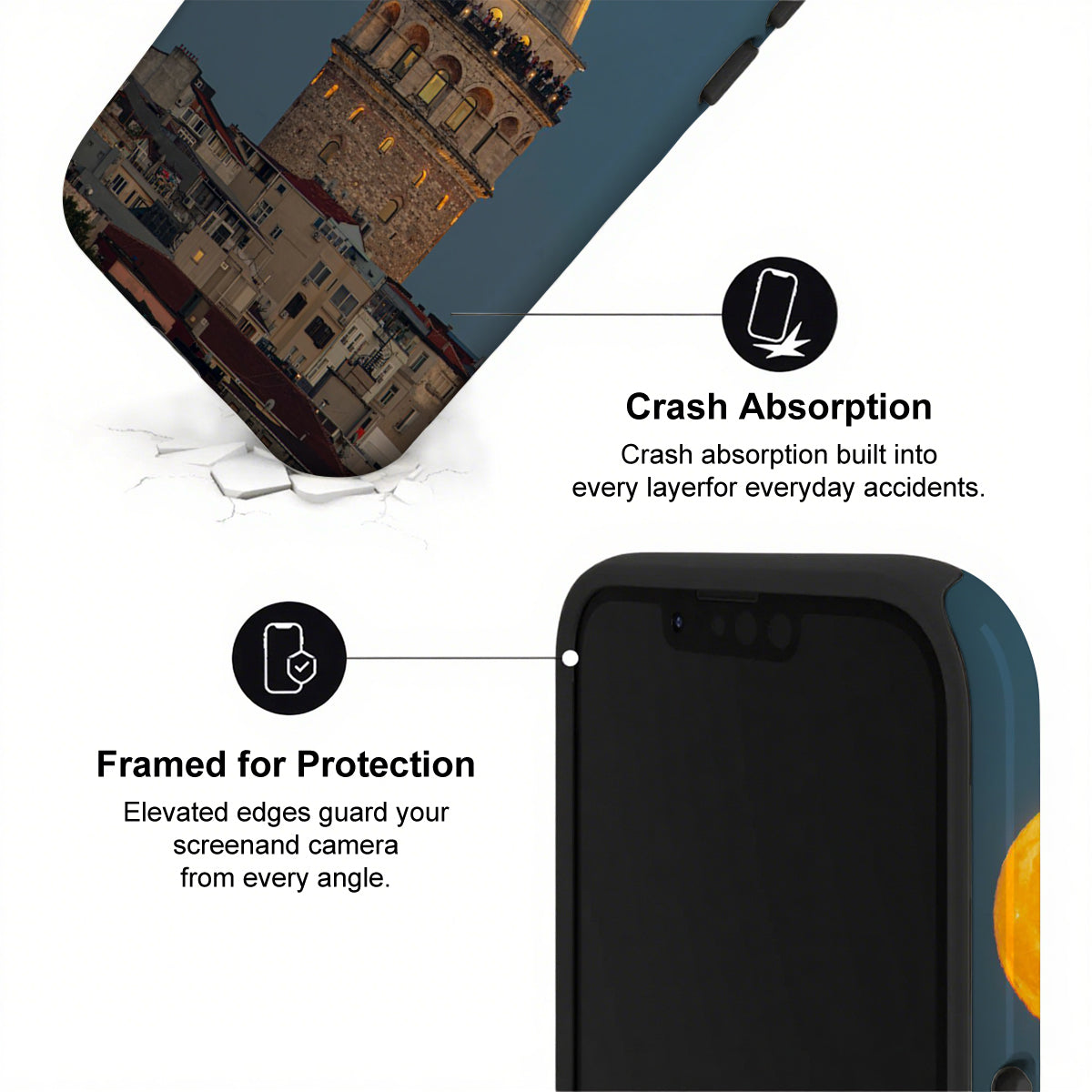 Phone case with crash absorption and framed protection features, showing a cityscape design.