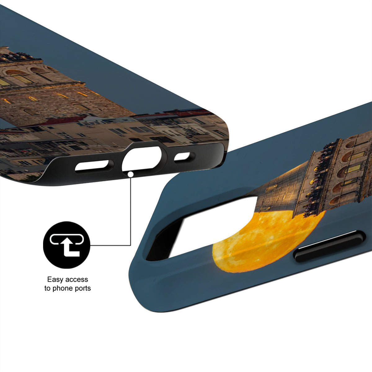 Phone case with architectural design and text indicating easy access to phone ports