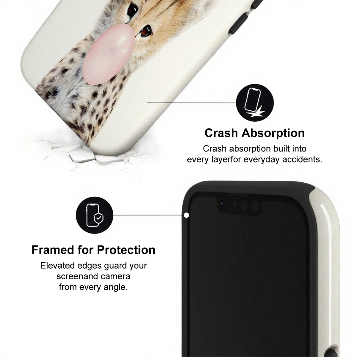 Phone case with crash absorption and protection features on a white background