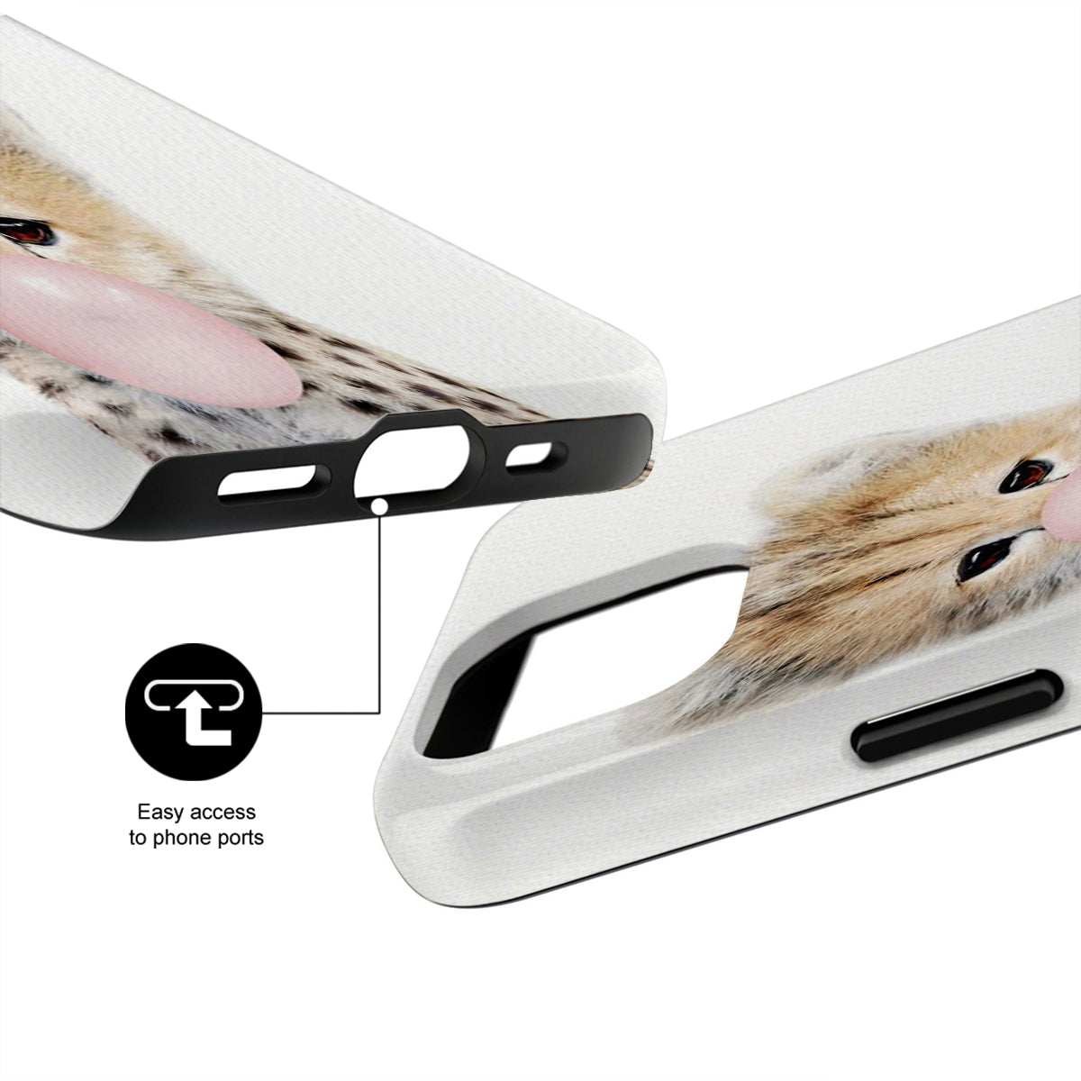 Phone case with a design of a hamster and text 'Easy access to phone ports' on a white background